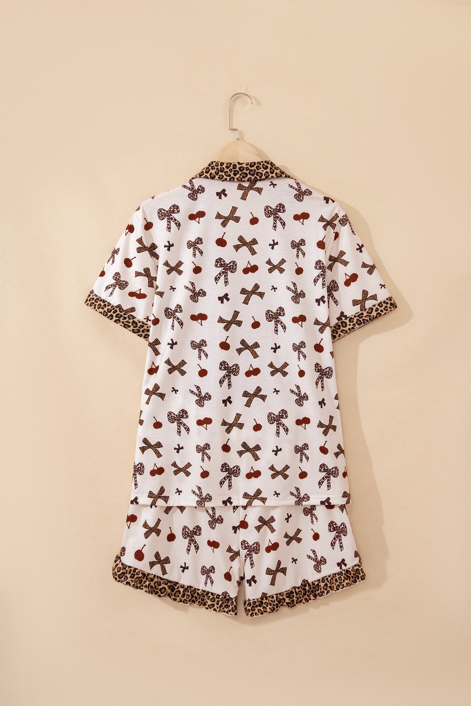 Cherry Bow Leopard Trim Short Sleeve Pajama Set | Zarnesh