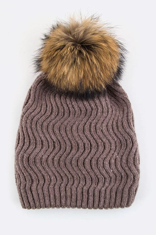 Women Raccoon Fur PomPom Chevron Knit Beanie | Zarnesh