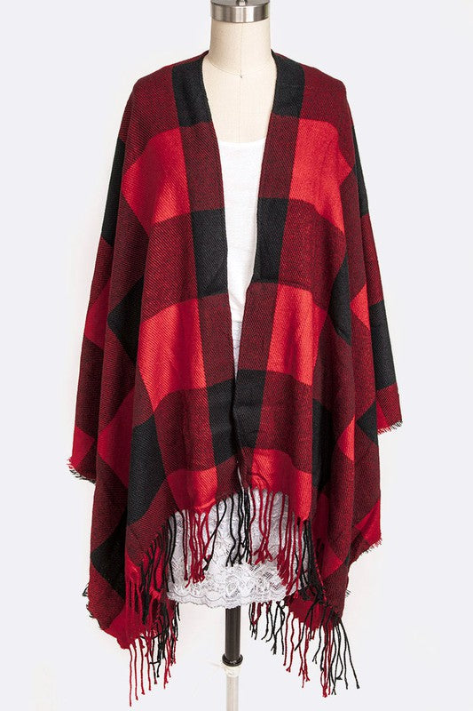 Women Plaid Fringe Poncho Scarf | Zarnesh