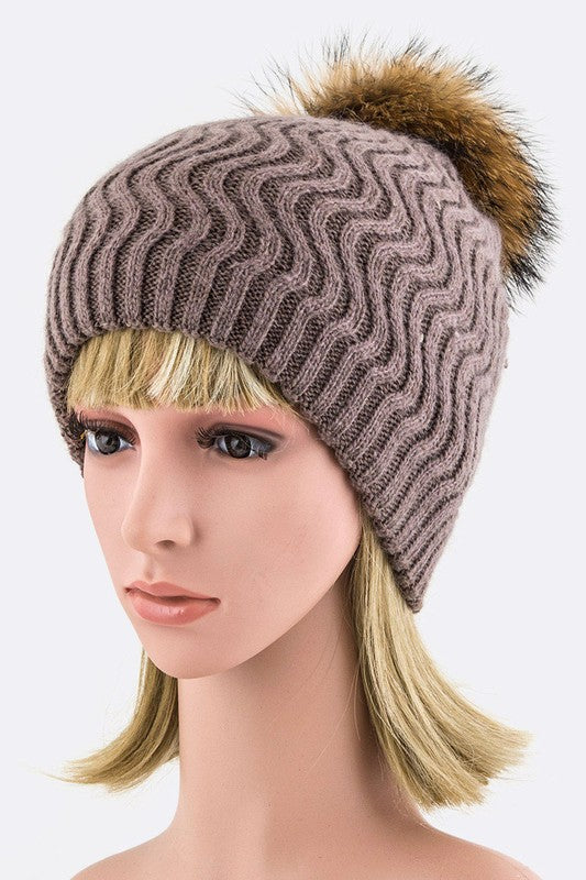 Women Raccoon Fur PomPom Chevron Knit Beanie | Zarnesh