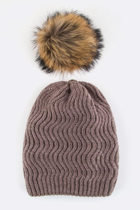 Women Raccoon Fur PomPom Chevron Knit Beanie | Zarnesh