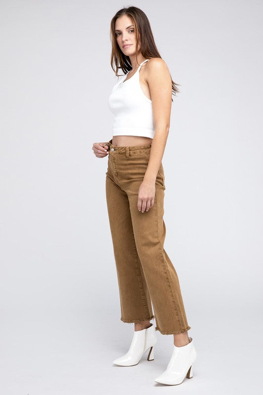 WOMEN'S Acid Wash Frayed Cutoff Hem Straight Wide Pants | ZARNESH