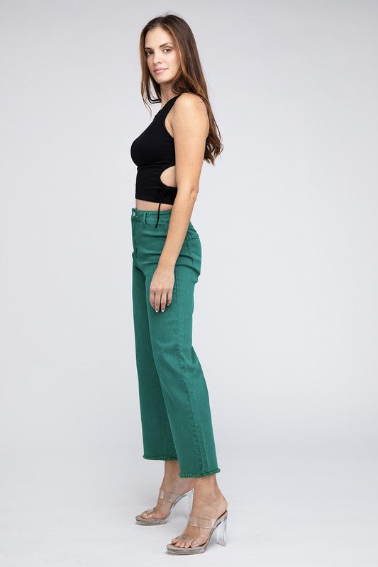 WOMEN'S Acid Wash Frayed Cutoff Hem Straight Wide Pants | ZARNESH