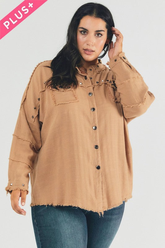 Women’s Plus Distressed Hem Button Down Oversize Shirt | Zarnesh