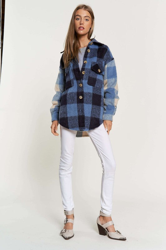 Women Plaid Chest Pocket Detail Shacket - Blue Multi  | Zarnesh