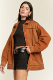 Women Plus Collar Button Down Faux Sherpa Lining Suede Jacket Zarnesh