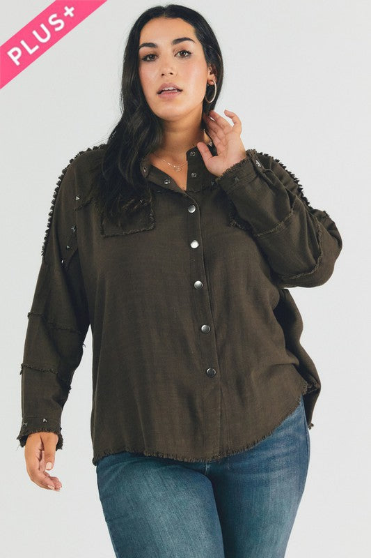 Women’s Plus Distressed Hem Button Down Oversize Shirt | Zarnesh