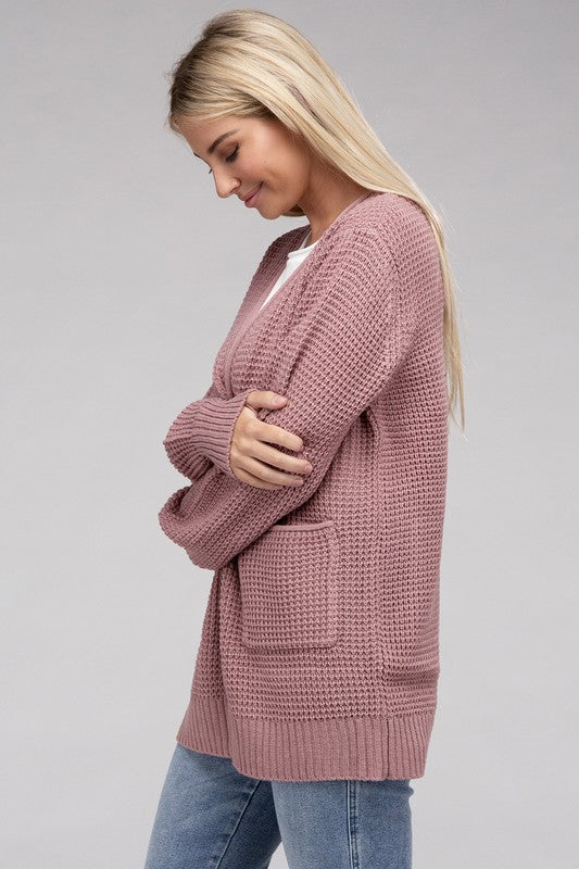Women Low Gauge Waffle Open Cardigan Sweater | Zarnesh