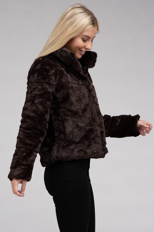 Women Fluffy Zip-Up Functional Pockets Sweater Jacket | Zarnesh