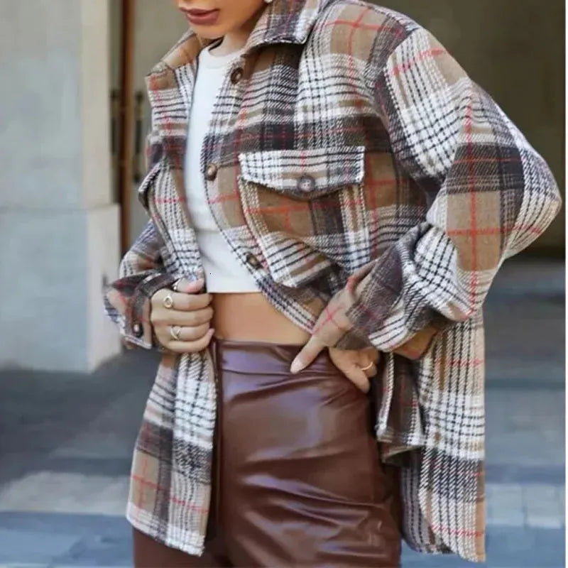 Women's Brown Multi Color Plaid Jacket | Zarnesh