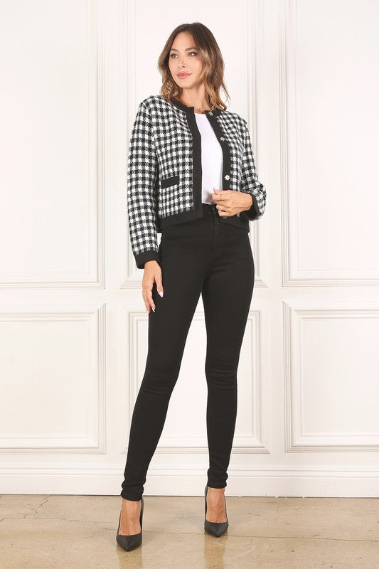 Women Black Check Knitted Jacket | Zarnesh