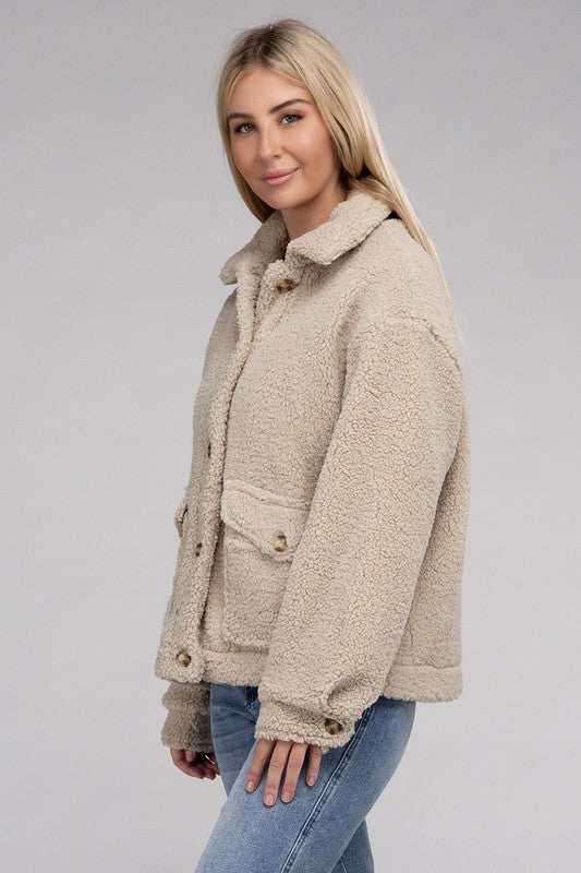 Women Cozy Long Sleeve Sherpa Button-Front Jacket | Zarnesh