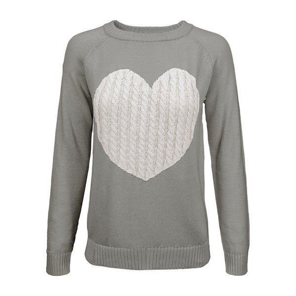 Women Love Heart Jacquard Round Neck Pullover Sweater | Zarnesh