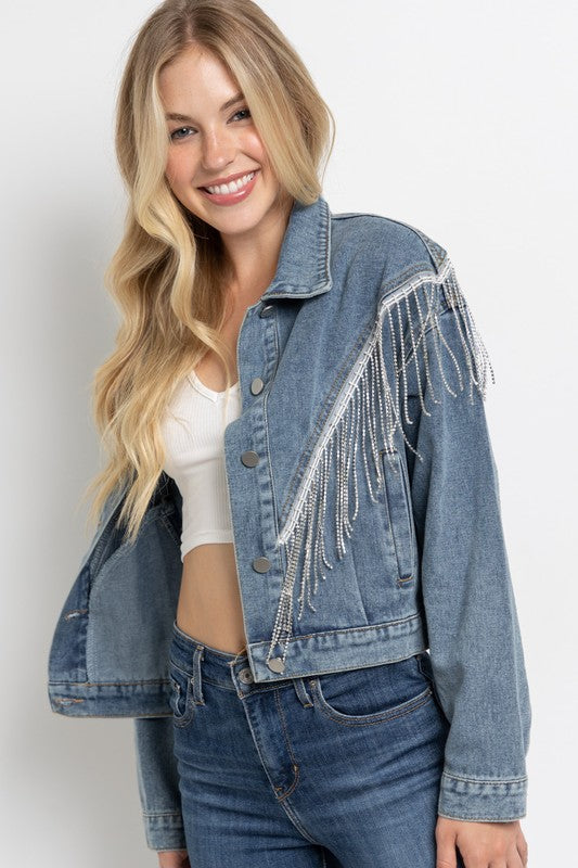 Women Crop Denim Jacket With Rhinestone Fringe | Zarnesh