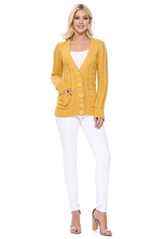 Women Cable Knitted Cardigan Sweater With Pockets | Zarnesh