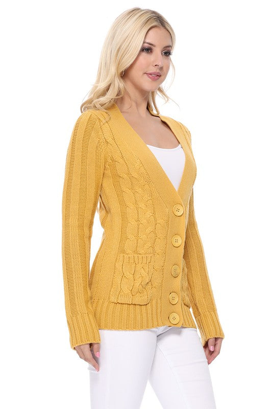 Women Cable Knitted Cardigan Sweater With Pockets | Zarnesh