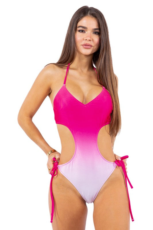 Women One Piece Ombre Side Tied Halter Neckline Swimsuit Zarnesh