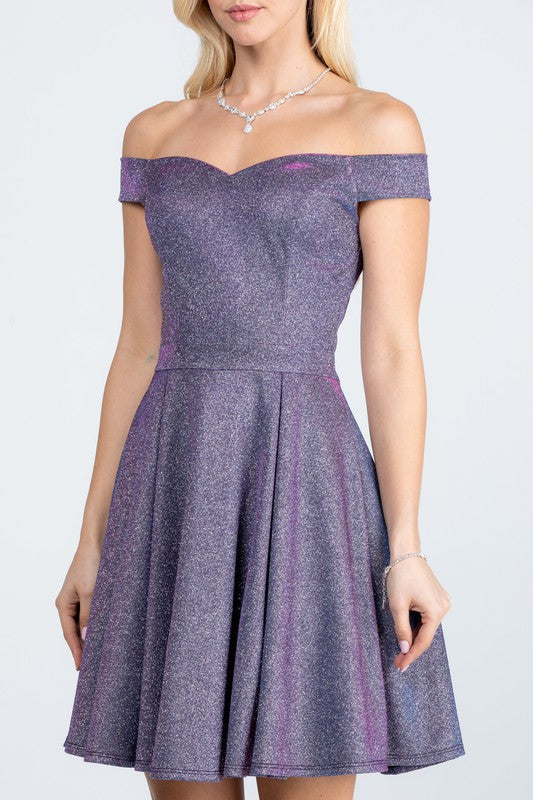 Women Off the Shoulder Skater Dress in Jacquard | Zarnesh