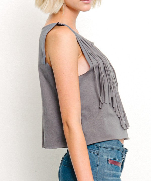 Women Pre Washed Recycled Cotton Fringe Graphic Tank Top Zarnesh