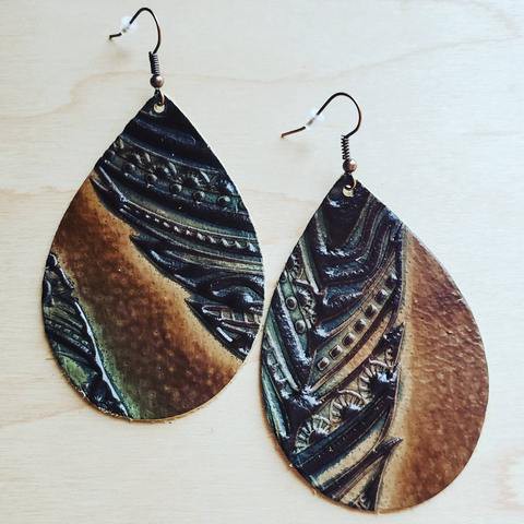 Southwest-inspired Earrings in Embossed Tan/Turquoise Feathers | Zarnesh