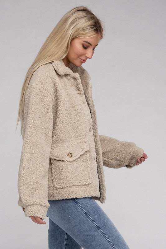 Women Cozy Long Sleeve Sherpa Button-Front Jacket | Zarnesh