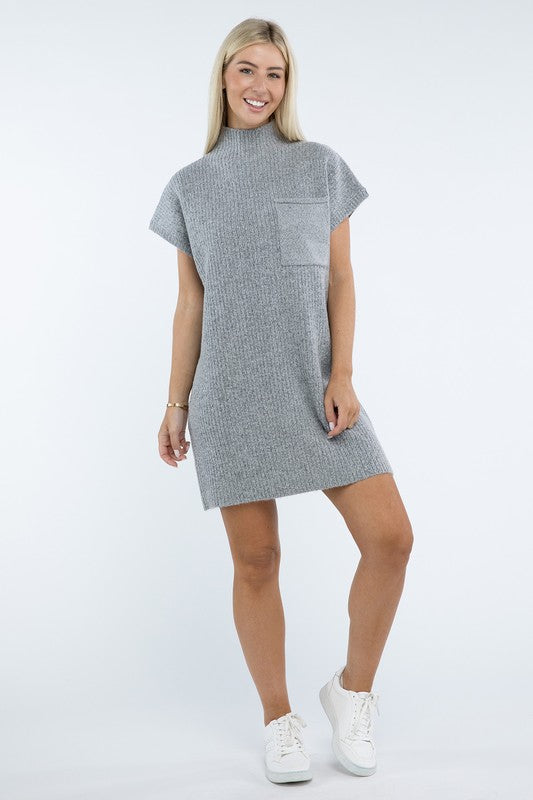 Women’s Mock Neck Short Sleeve Sweater Dress with Pocket | Zarnesh