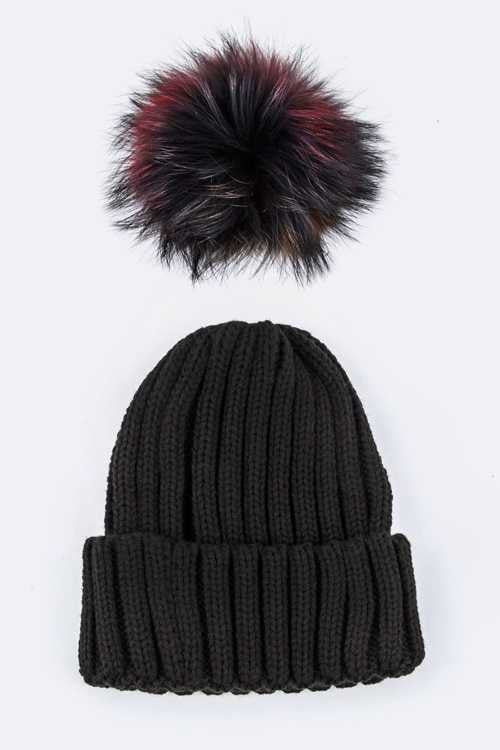 Women’s Mix Color Raccoon Fur Pom Pom Beanie | Zarnesh