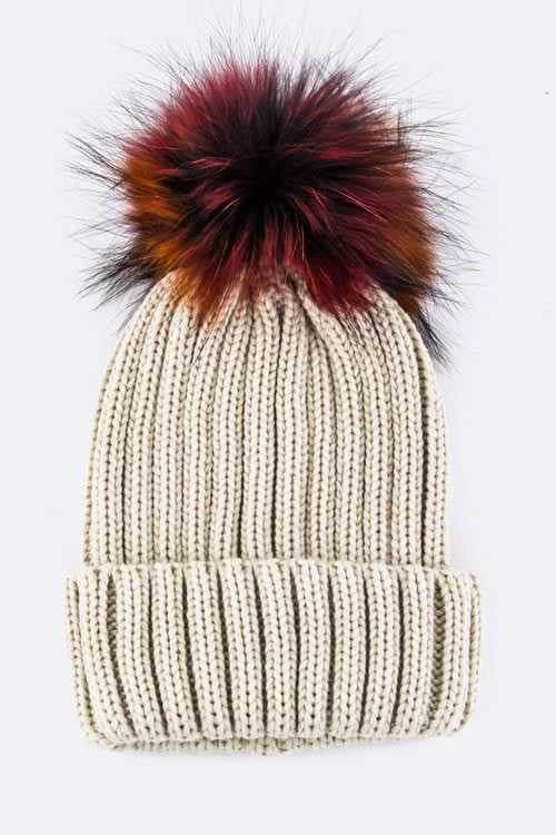 Women’s Mix Color Raccoon Fur Pom Pom Beanie | Zarnesh