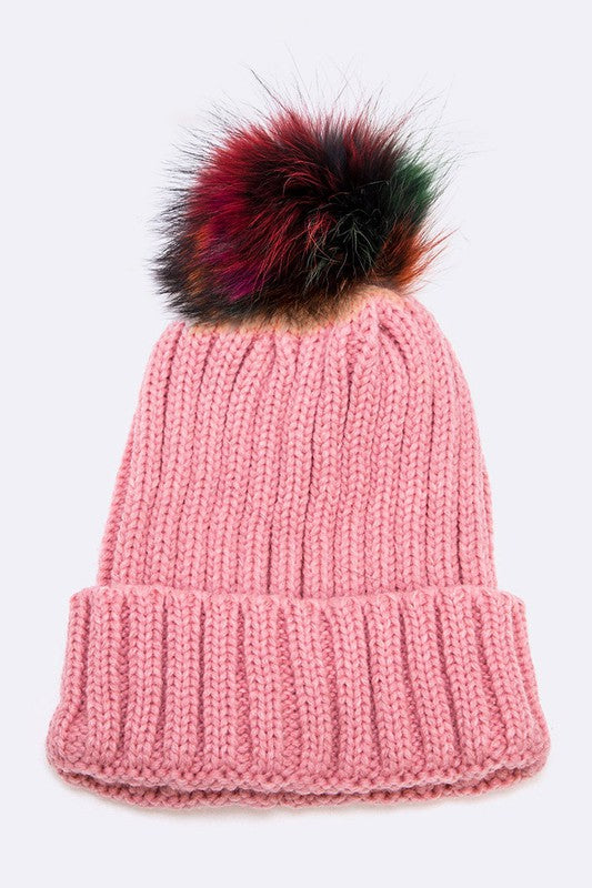 Women’s Mix Color Raccoon Fur Pom Pom Beanie | Zarnesh