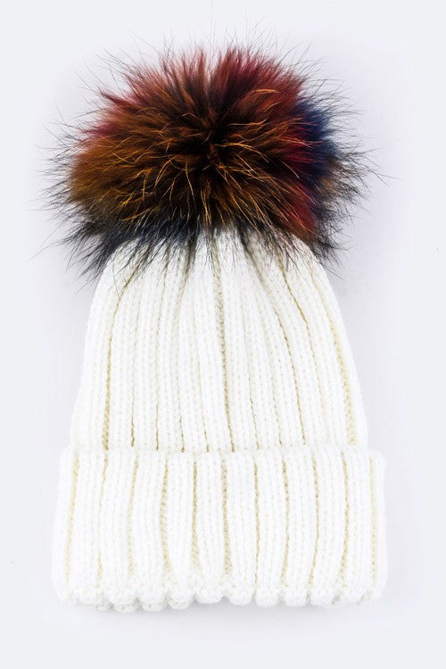 Women’s Mix Color Raccoon Fur Pom Pom Beanie | Zarnesh