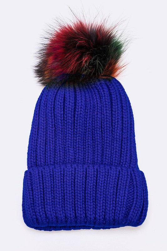 Women’s Mix Color Raccoon Fur Pom Pom Beanie | Zarnesh