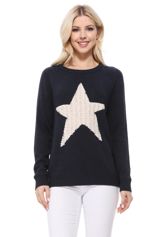 Women Cute Star Jacquard Round Neck Pullover Sweater | Zarnesh