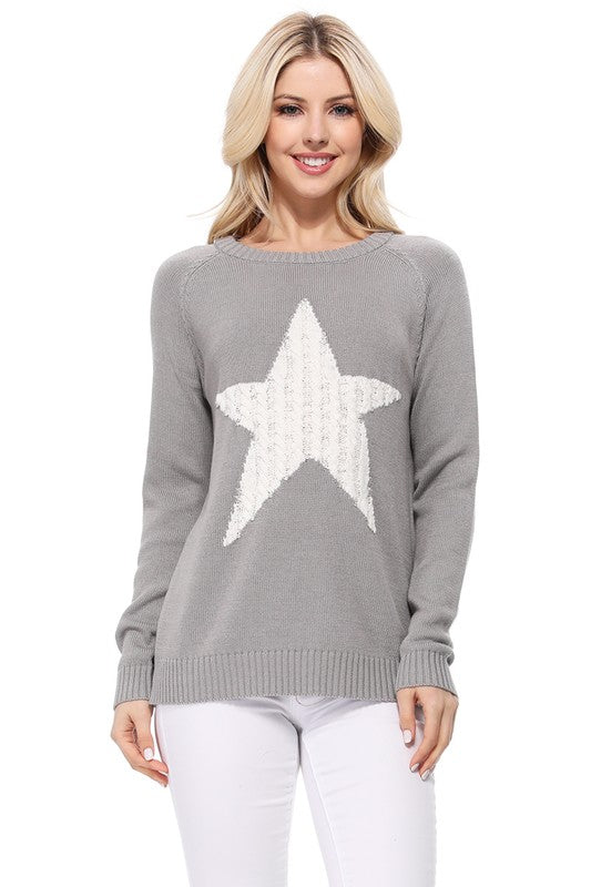 Women Cute Star Jacquard Round Neck Pullover Sweater | Zarnesh