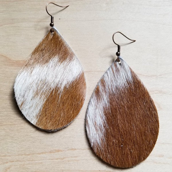 Leather Teardrop Earrings Tan and White Hair | Zarnesh