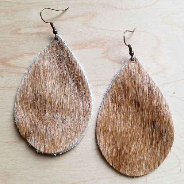 Leather Teardrop Earrings Tan and White Hair | Zarnesh