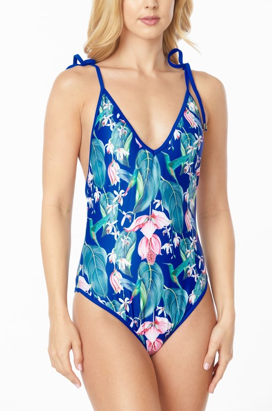 Women One Piece Bathing Suit Floral Print Shoulder Top Tie | Zarnesh