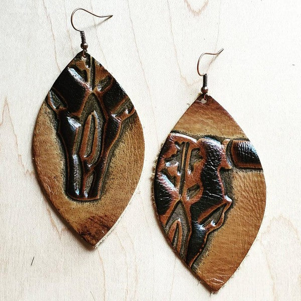 Tan Leather Oval Earrings with Steer Head Design | Zarnesh