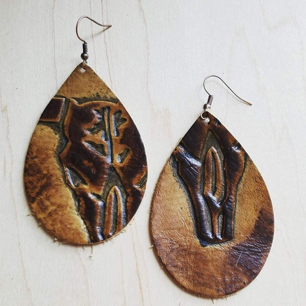 Leather Large Teardrop Earrings in Tan Steer Head | Zarnesh