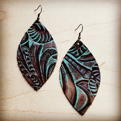 Unique Handcrafted Leather Oval Earrings - Turquoise Brown Floral Design | Zarnesh