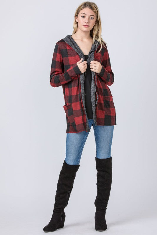 Women Buffalo Plaid Cozy Flattering Drape Hooded Cardigan | Zarnesh