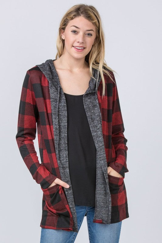 Women Buffalo Plaid Cozy Flattering Drape Hooded Cardigan | Zarnesh