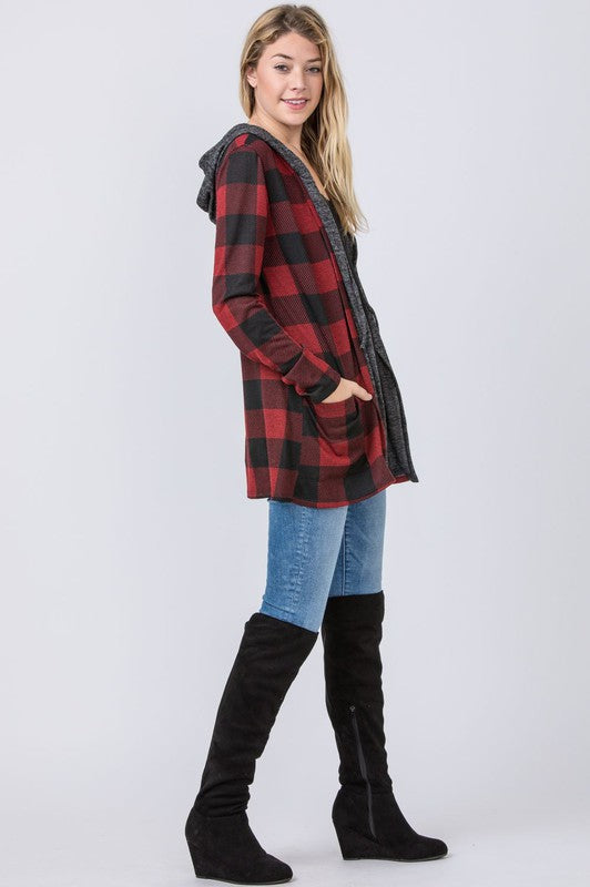 Women Buffalo Plaid Cozy Flattering Drape Hooded Cardigan | Zarnesh