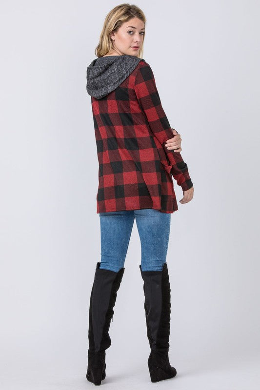 Women Buffalo Plaid Cozy Flattering Drape Hooded Cardigan | Zarnesh