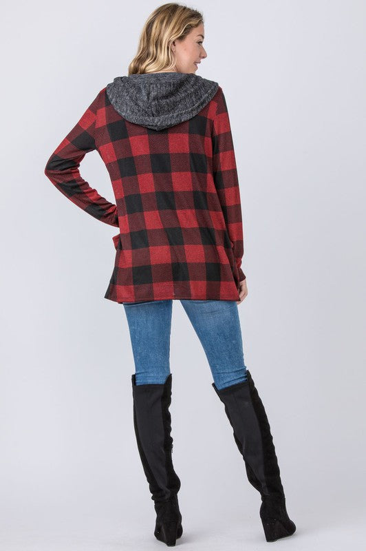 Women Buffalo Plaid Cozy Flattering Drape Hooded Cardigan | Zarnesh