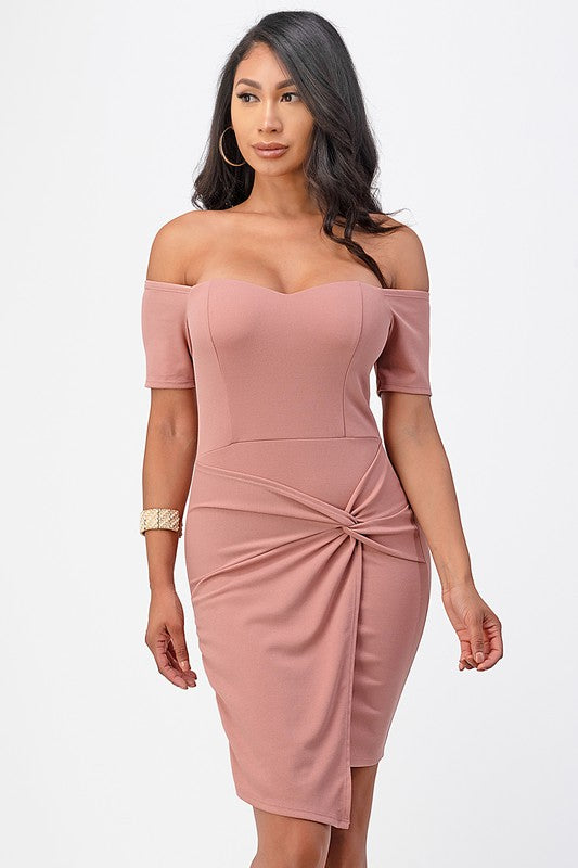 Women Off Shoulder Front Twist Bodycon Dress | Zarnesh