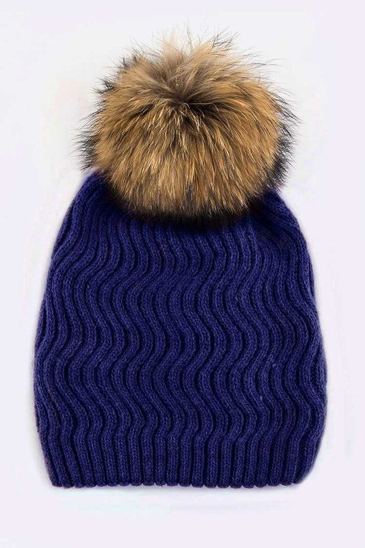 Women Raccoon Fur PomPom Chevron Knit Beanie | Zarnesh