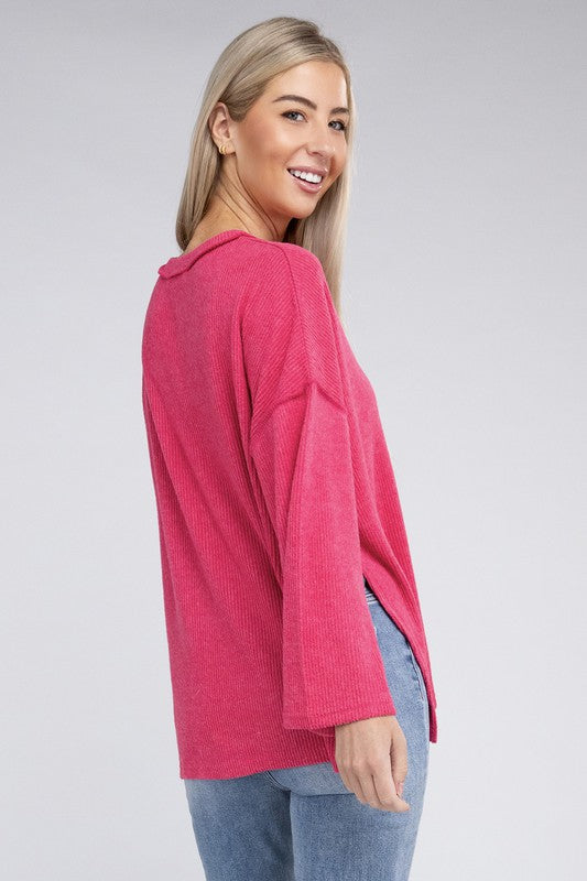 Women Ribbed Brushed Melange Hacci Henley Sweater | Zarnesh