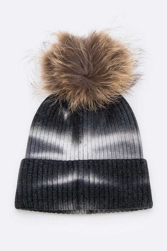 Women Raccoon Fur Pom Tie Dyed Cotton Blend Beanie | Zarnesh