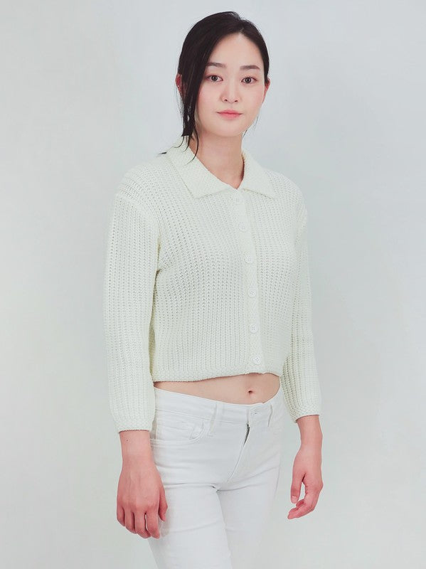 Women Button Down Vintage Crop Sweater Cardigan w/Collar | Zarnesh