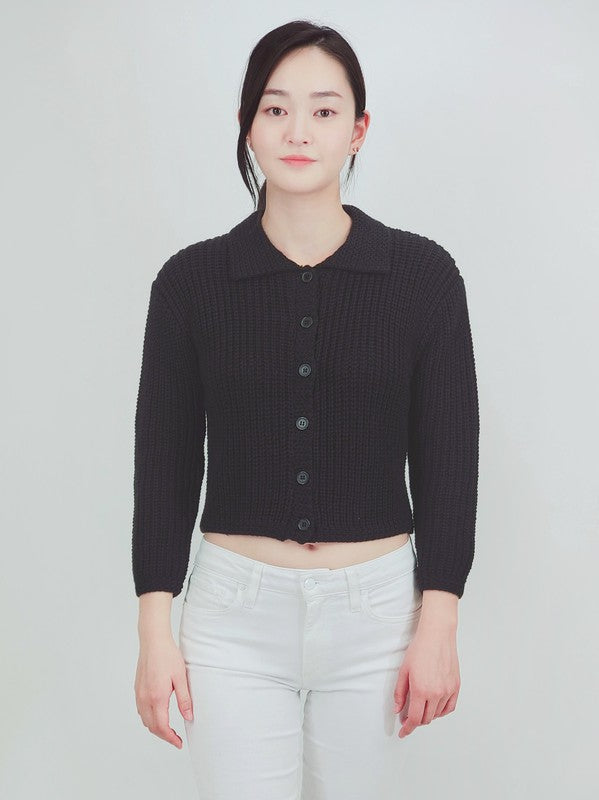 Women Button Down Vintage Crop Sweater Cardigan w/Collar | Zarnesh